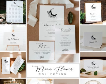 MOON FLOWER | Moon Wedding Invitation Template Bundle; Moon and Stars Wedding; Wedding Suite; Editable Template; Printable