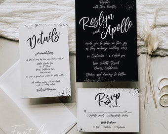 Black and White Wedding Invitation Suite; Painted Black Wedding Invitation; Moody Black Wedding; Editable Template; Printable