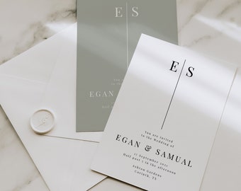 EGAN | Modern Wedding Invitation Set; Minimal Wedding Invitation; Modern Monogram Invitation; Editable Template; Printable