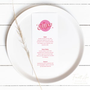 Custom Listing for Sydney | RETRO | Pink + Red 70's Inspired Menu + Deets Enclosure Card; Editable Template; Printable