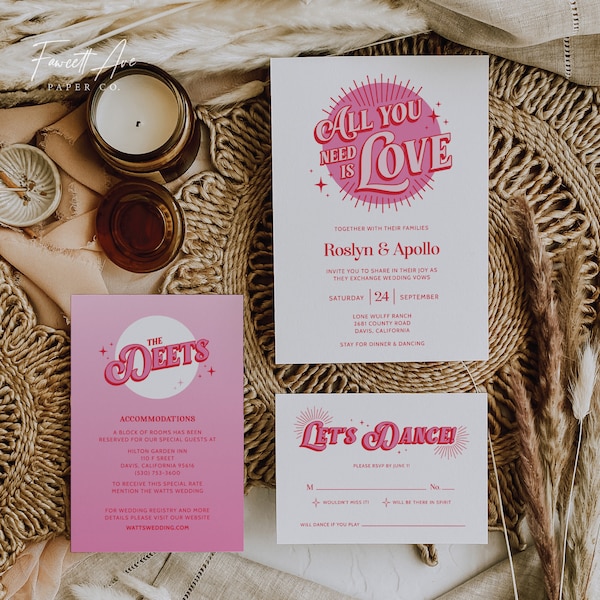 Retro 70's Pink and Red Wedding Invitation Set; Vintage 60's Wedding Invitation; Disco Wedding; Editable Template; Printable