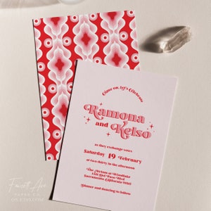 RAMONA | Retro Pink and Red Wedding Invitation; 60's Wedding Invitation; 70's Wedding Invitation; Editable Template; Printable