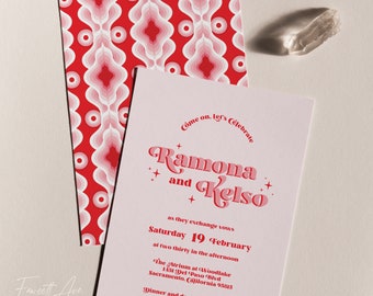 RAMONA | Retro Pink and Red Wedding Invitation; 60's Wedding Invitation; 70's Wedding Invitation; Editable Template; Printable