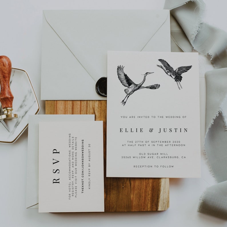 Crane Wedding Invitation Set Bird Wedding Invitation Nature Wedding ...