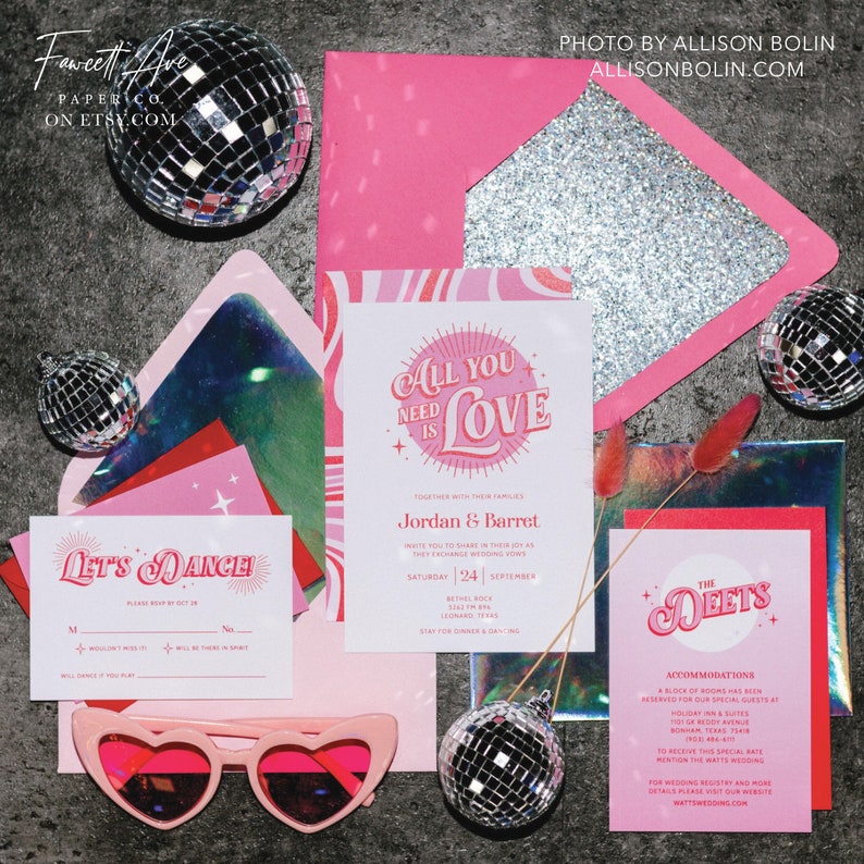 Retro 70's Pink and Red Wedding Invitation Set Vintage 60's Wedding Invitation Disco Wedding Editable Template Printable image 2