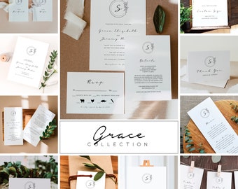 GRACE | Floral Monogram Wedding Invitation Template Bundle; Vintage Monogram Wedding Bundle; Editable Template; Printable