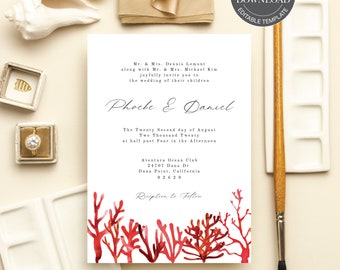 Red Watercolor Coral Wedding Invitation Suite; Sea Ocean Coral Wedding Invitation; Nautical; Editable Template; Printable