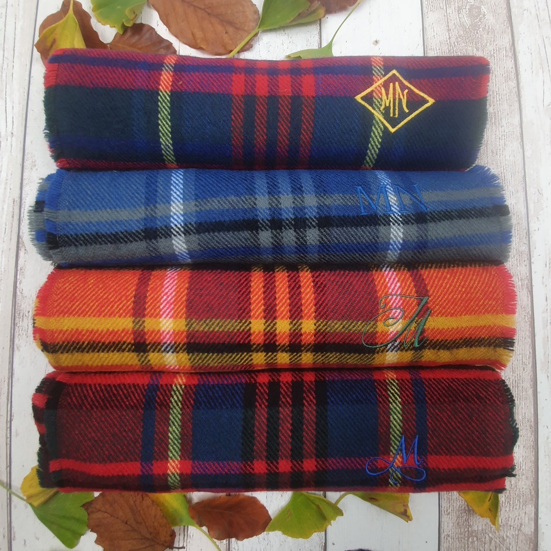 Embroidered Check Scarf. Personalised With Initials - Red, Grey ...