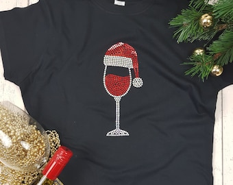 ladies christmas wine glass print shirt