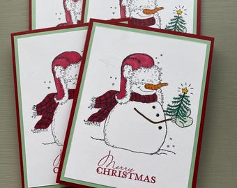 Merry Snowman Christmas Cards with Envelopes, Handmade, Set of 4 or 6, Merry Christmas