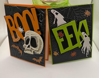 Scary Halloween Cards with Envelopes. Greeting Cards. Happy Halloween. Boo, Eek, Skeleton, Ghost, Spider, Spider Web, Trick or Treat.