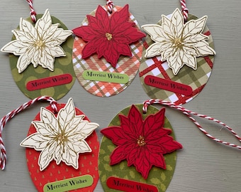 Handmade Poinsettia Christmas Gift Tags, Set of 5