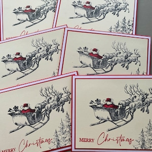 Santa and Sleigh Christmas Cards With Envelopes, Set of 4 or 6, Merry ...