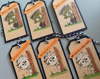 Handmade Halloween Gift Tags, Frankenstein and Mummy, Set of 6