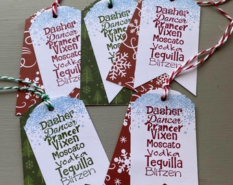 Christmas Gift Tags, Handmade, Holiday, Winter, Dasher, Tequila, Vodka, Wine, Set of 5