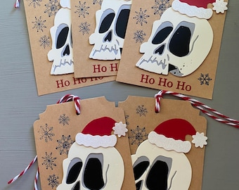 Handmade Skeleton Santa Christmas Gift Tags, Holiday Set of 5