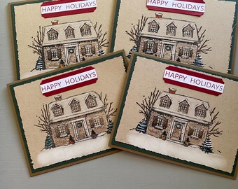 Winter Home Christmas Cards with Envelopes, Handmade, Set of 4 or 6, Happy Holidays