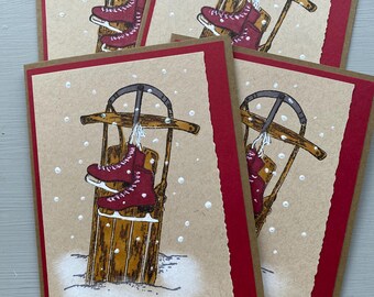 Sled and Skates Christmas Cards with Envelopes, Handmade Set of 4 or 6, Happy Holidays