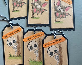 Handmade Halloween Gift Tags, Bat and Skeleton, Set of 6