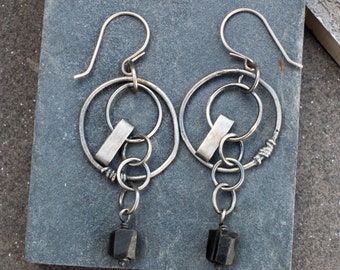 Earrings - Raw silver earrings and Black Tourmaline