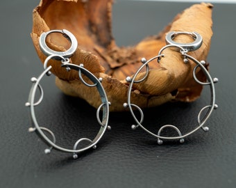 Oxidized sterling silver earrings, Geometric earrings, Oxidized jewelry, Oxidized hoop earrings, Modern silver jewelry, Dangle earrings