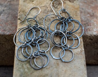 Oxidized sterling silver earrings, Sterling silver earrings, Boho earrings, Modern jewelry, Long statement earrings, Multi circles earrings