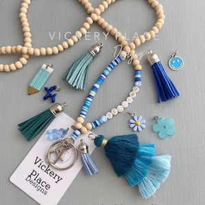 Personalized Teacher Lanyard: Blue Rainbow Beaded ID Badge Holder