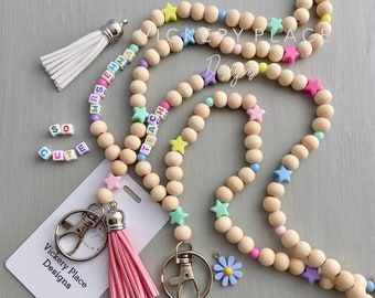Teacher Lanyard, Personalized lanyard, Beaded Star Pastel Rainbow ID Badge Holder, unique Gift Under 35, star lanyard, smiley face, flower