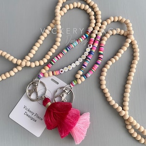 Personalized Teacher Lanyard: Wood Beads, Rainbow Heishi, Tassel Keychain