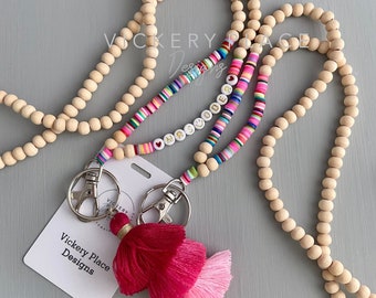 Teacher Lanyard, beaded personalized custom tassel lanyard, ID Badge Holder, Wood beaded Lanyard Keychain, Gift under 35, Pink, rainbow,