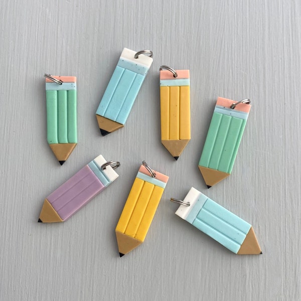 pencil charms, add on charms, colorful fun bag charms, backpack charm, lanyard charm, keychain charm, yellow, blue, mint, lilac