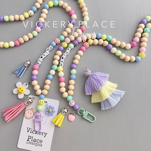 Teacher Lanyard, Personalized Breakaway lanyard, Beaded Smiley face Pastel Rainbow ID Badge Holder, custom lanyard, unique Gift Under 35