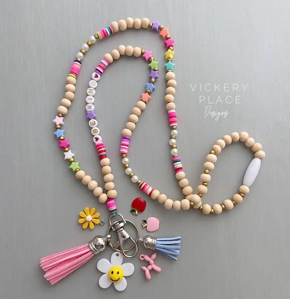 Personalized Rainbow Star Beaded Lanyard: Teacher ID Badge Holder