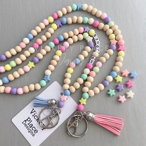 Personalized Teacher Lanyard: Pastel Rainbow Star Beaded ID Badge Holder