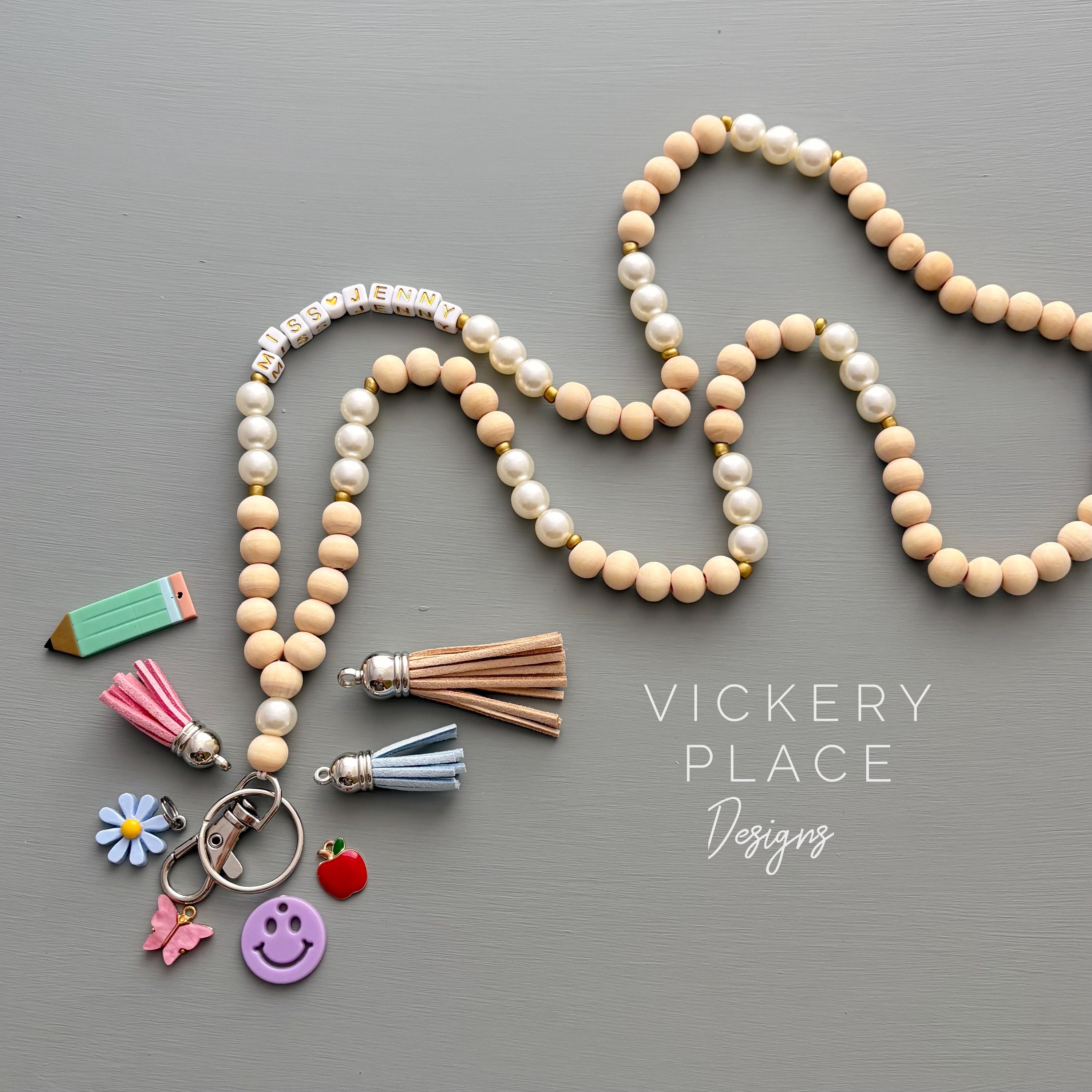 Pearl Beaded Lanyard: Teacher ID Badge Holder with Gold Accents