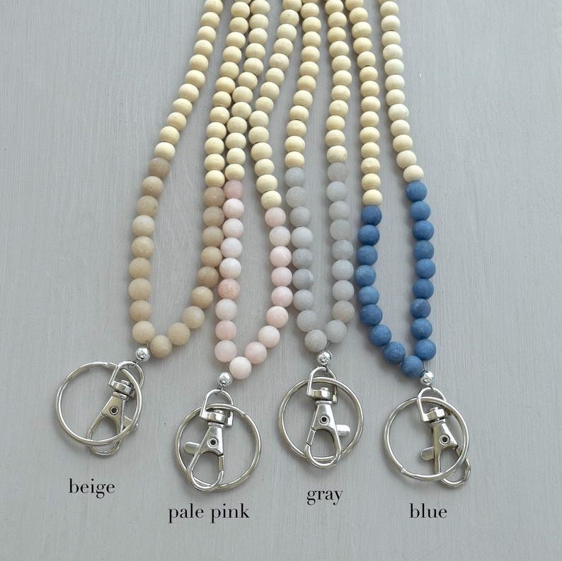 Teacher Beaded Lanyard Beaded ID Badge Holder Gemstone Wood Etsy