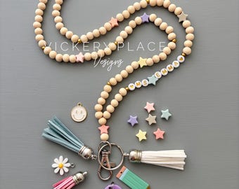Beaded Teacher Lanyard: Pastel Star ID Badge Holder