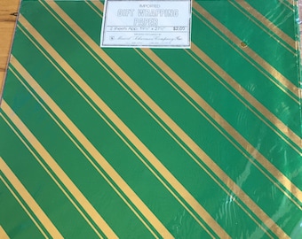 Shiny Gold Stripes on Bold Green Vintage Wrapping Paper Imported by Marcel Schurman