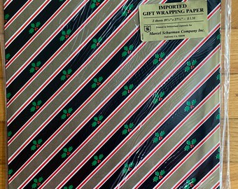 Gold and Black Stripes with Holly Vintage Wrapping Paper Imported by Marcel Schurman