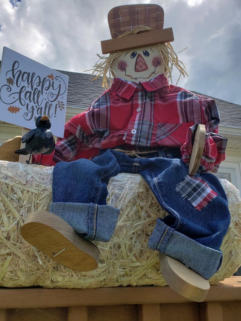 Sitting Scarecrow Wooden Scarecrow Porch Sitter Fall Etsy