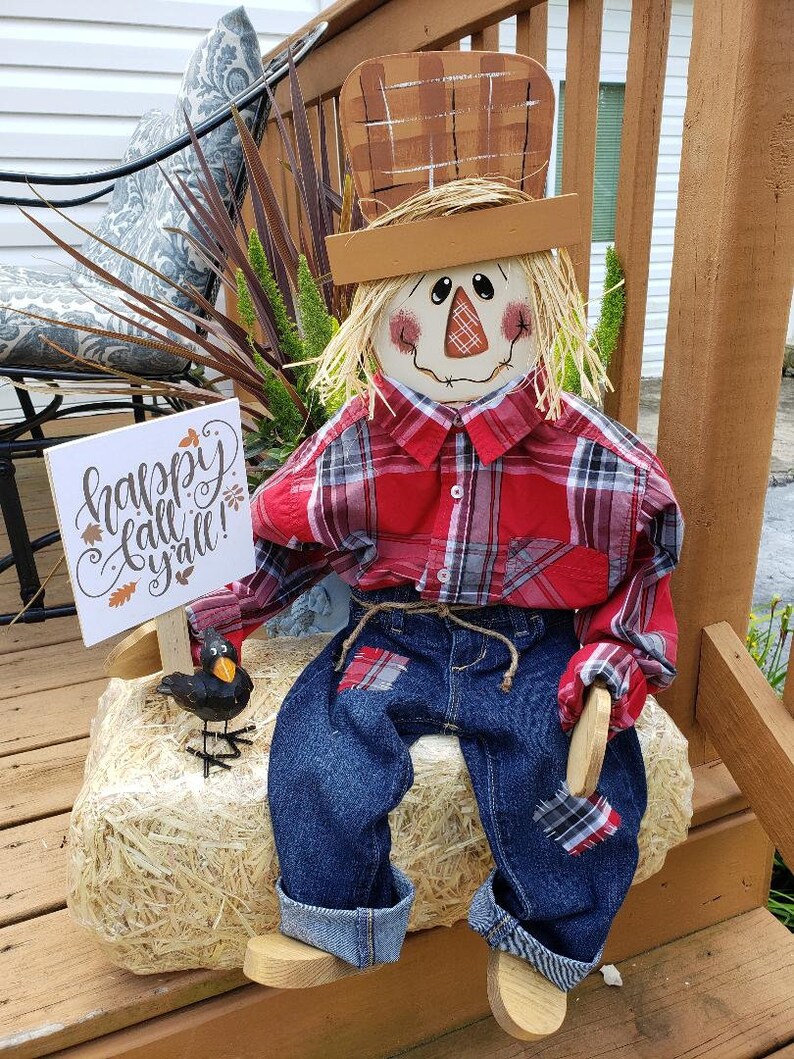 Sitting Scarecrow Wooden Scarecrow Porch Sitter Fall Etsy