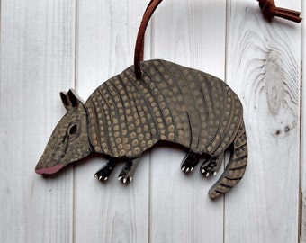 5 Engraved Wood Christmas Ornaments Rabbit Opossum Armadillo Squirrel Cat