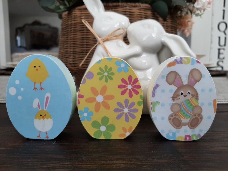 Set of 3 Decoupaged Wood Easter Eggs Chunky Wood Easter Eggs Etsy