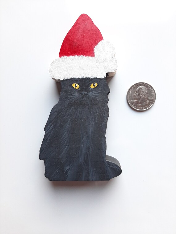 Black Cat In Santa Hat Wood Black Cat In Santa Hat Christmas Etsy