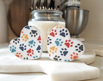 Set of 2 Wood Pawprint Hearts  Pet Pawprint Shelf Decor  Chunky Wood Hearts  Cat or Dog Owner Gift   Decoupaged Wood Pawprint Hearts