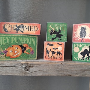 Small Vintage Style Wood Block Halloween Signs  Halloween Tiered Tray Decor  Vintage Halloween  Halloween Shelf Decor  Halloween Table Decor