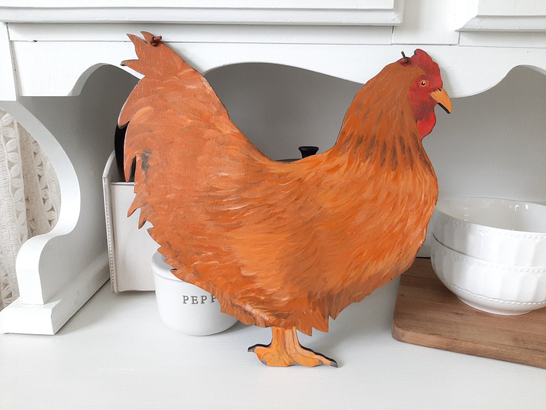 Chicken Wall Hanging Hand Painted Wood Chicken Sign Red Chicken Wall