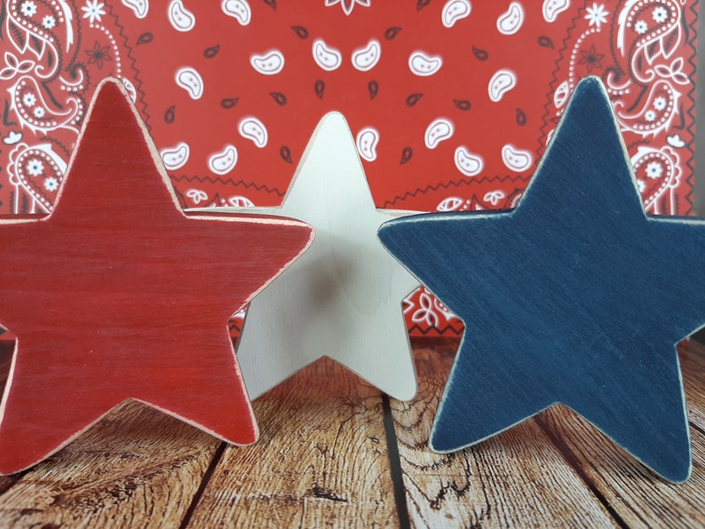 Chunky Wood Stars Set Of 3 Wood Red White Blue Stars July 4th Etsy