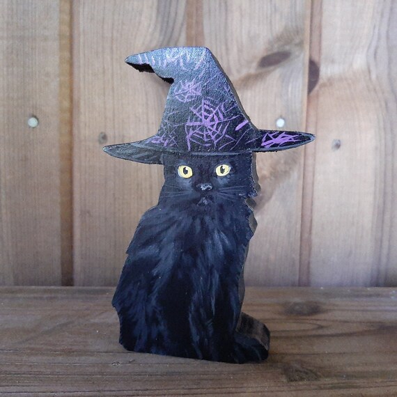 Black Cat In Witches Hat Wood Black Cat With Witches Hat Etsy