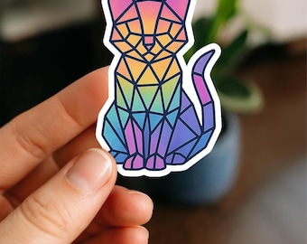 Geometric Cat Sticker – Polygonal Rainbow Cat Vinyl Decal, Modern Abstract Animal Sticker for Laptop, Water Bottle, Journal, Scrapbook